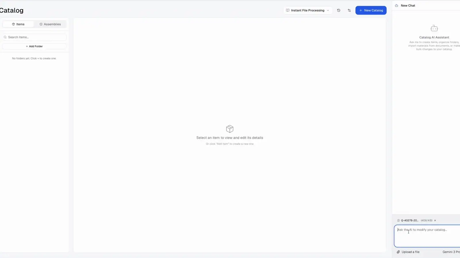 Chatting with the Orys AI catalog to manage estimating items and assemblies